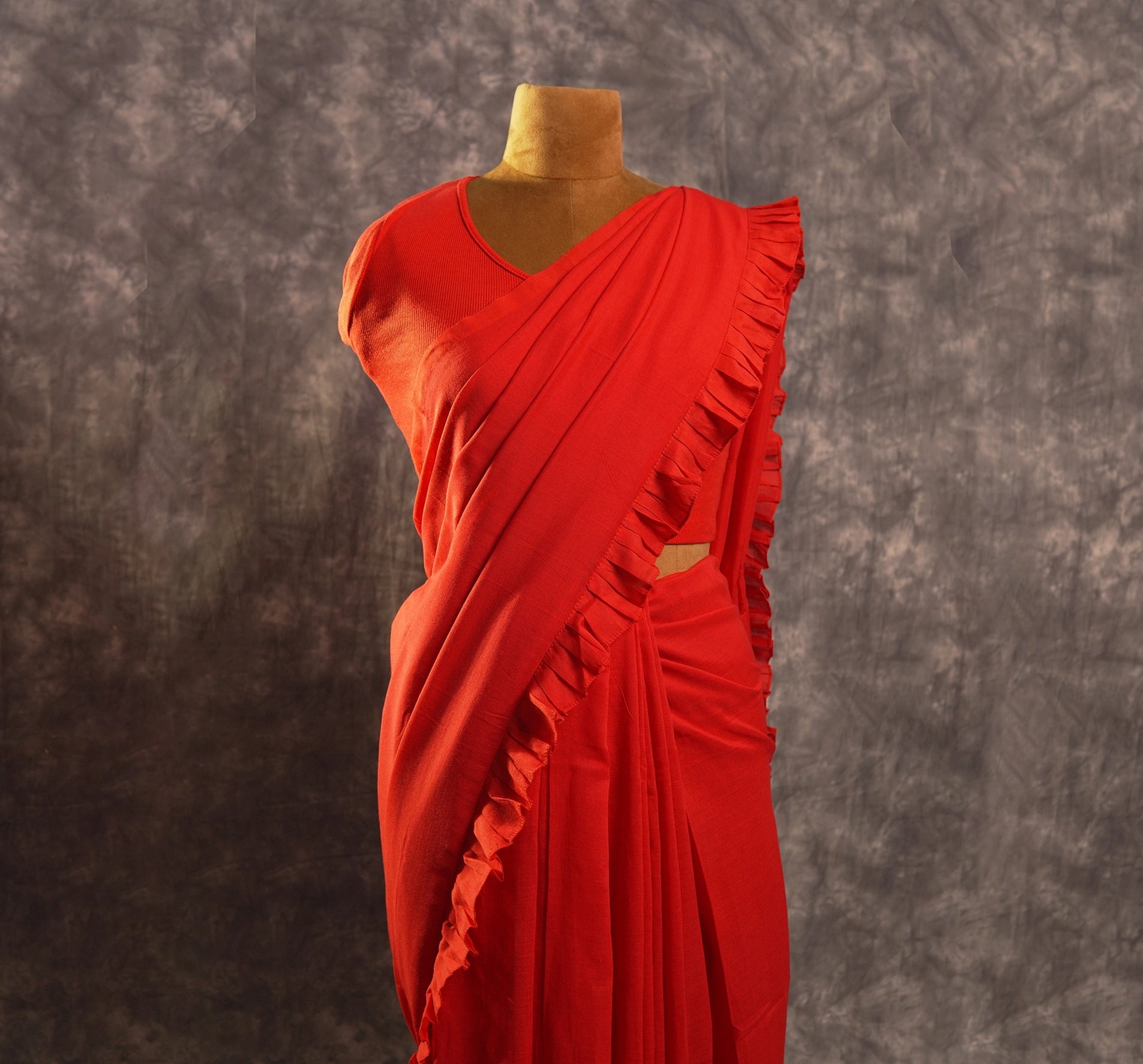 Crimson Ruffle Drape Saree Set – Designer Wedding Party Wear - Kottanz Loom CoSareeKottanz Loom Co
