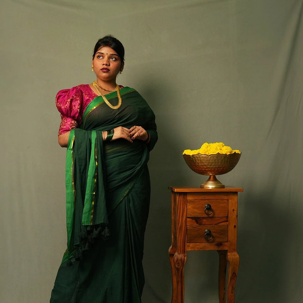 Dark Green Mul Cotton Saree – Soft Lightweight Daily Wear Saree - Kottanz Loom CoSareeKottanzloom