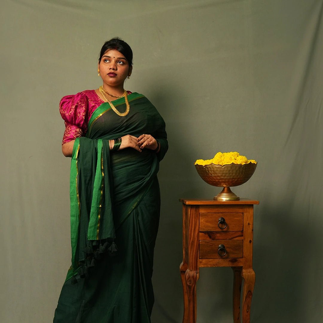 Dark Green Mul Cotton Saree – Soft Lightweight Daily Wear Saree - Kottanz Loom CoSareeKottanzloom