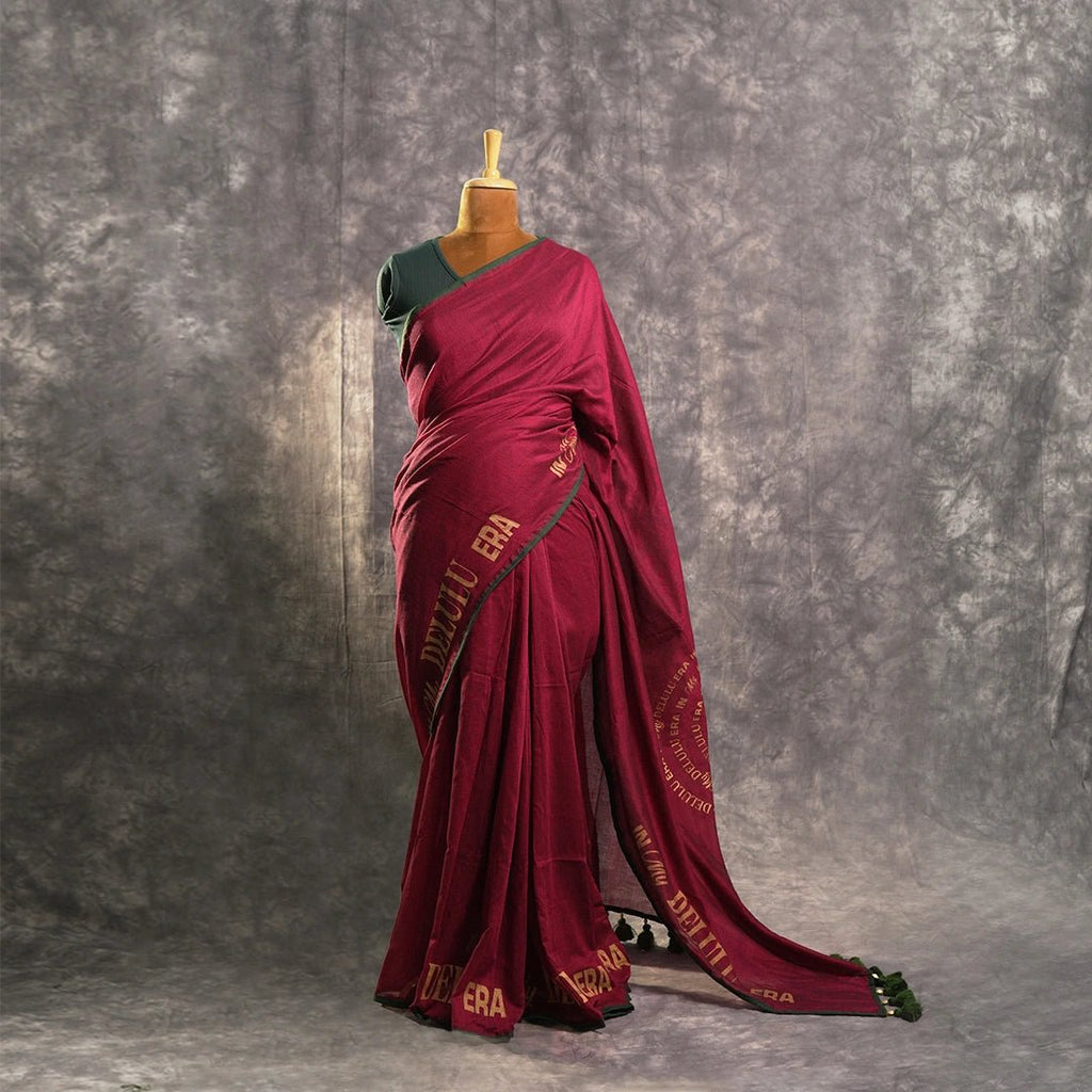 Delulu Edit Saree | Wine Designer Saree with Statement Border - Kottanz Loom CoSareeKottanz Loom Co
