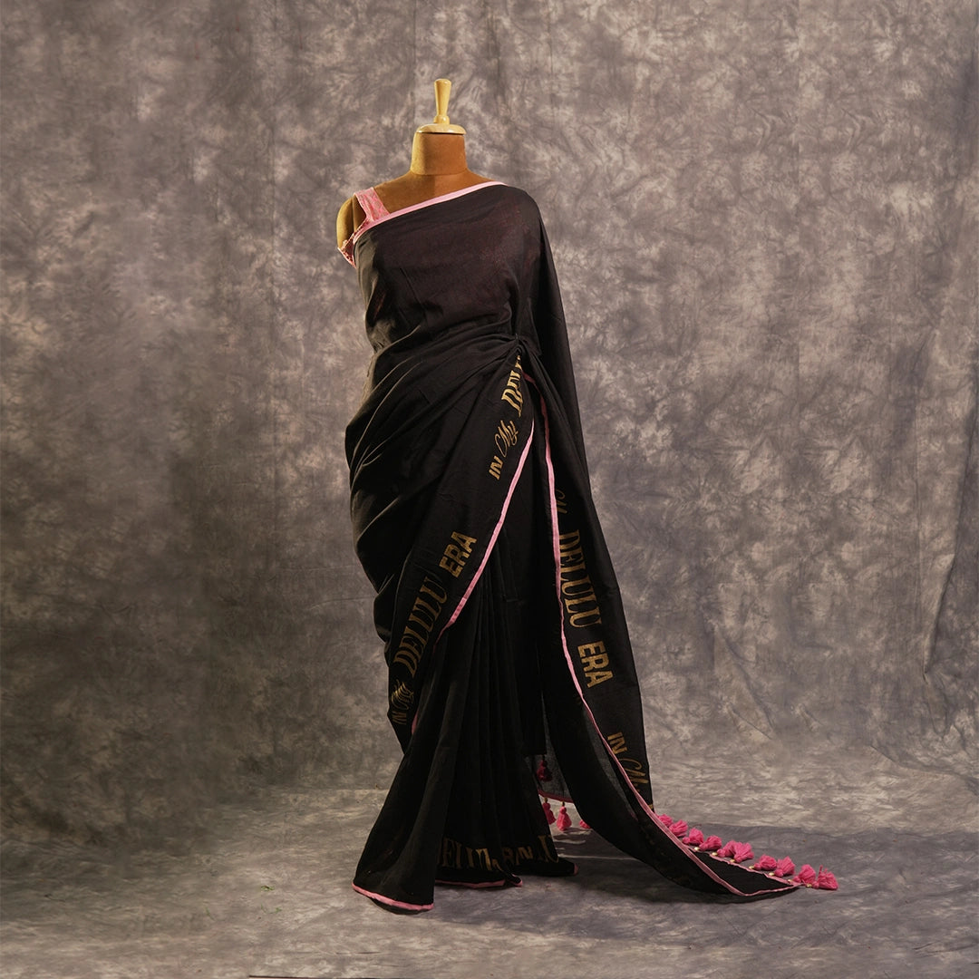 Delulu Era black designer wedding guest saree with statement border – Kottanz Loom Co