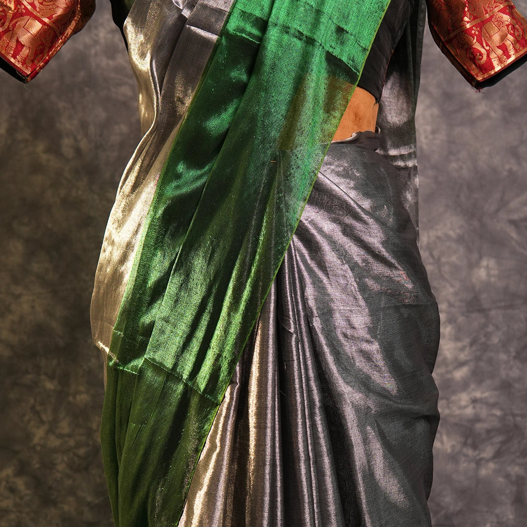 Green Turnaround Tissue Saree | Dual-Tone Silver Party Wear Saree