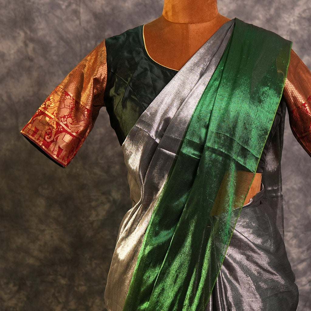 Green Turnaround Tissue Saree | Dual-Tone Silver Party Wear Saree