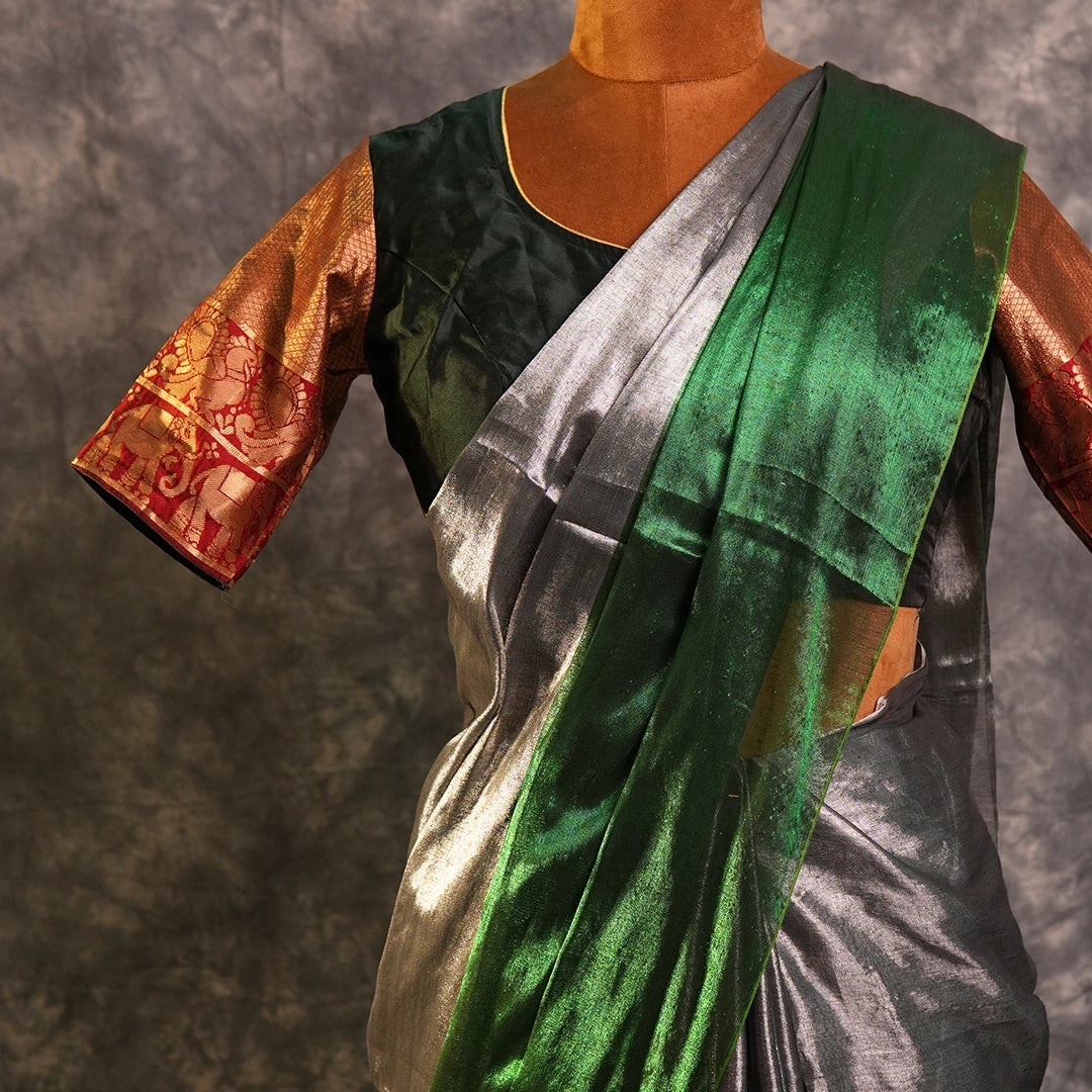Green Turnaround Tissue Saree | Dual-Tone Silver Party Wear Saree