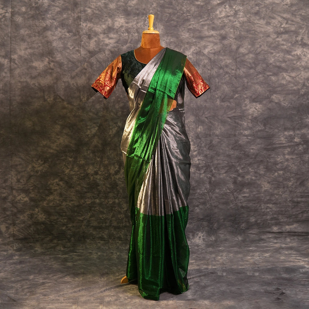 Green Turnaround Tissue Saree | Dual-Tone Silver Party Wear Saree