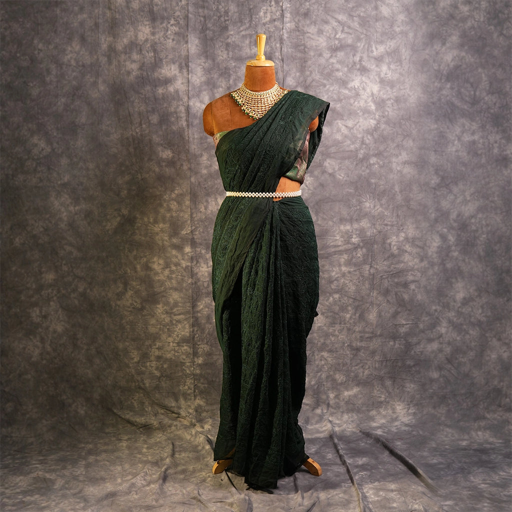 Green Chikankari Saree | Handcrafted Lucknowi Embroidery Saree