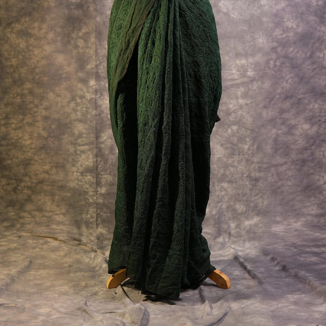 Green Chikankari Saree | Handcrafted Lucknowi Embroidery Saree