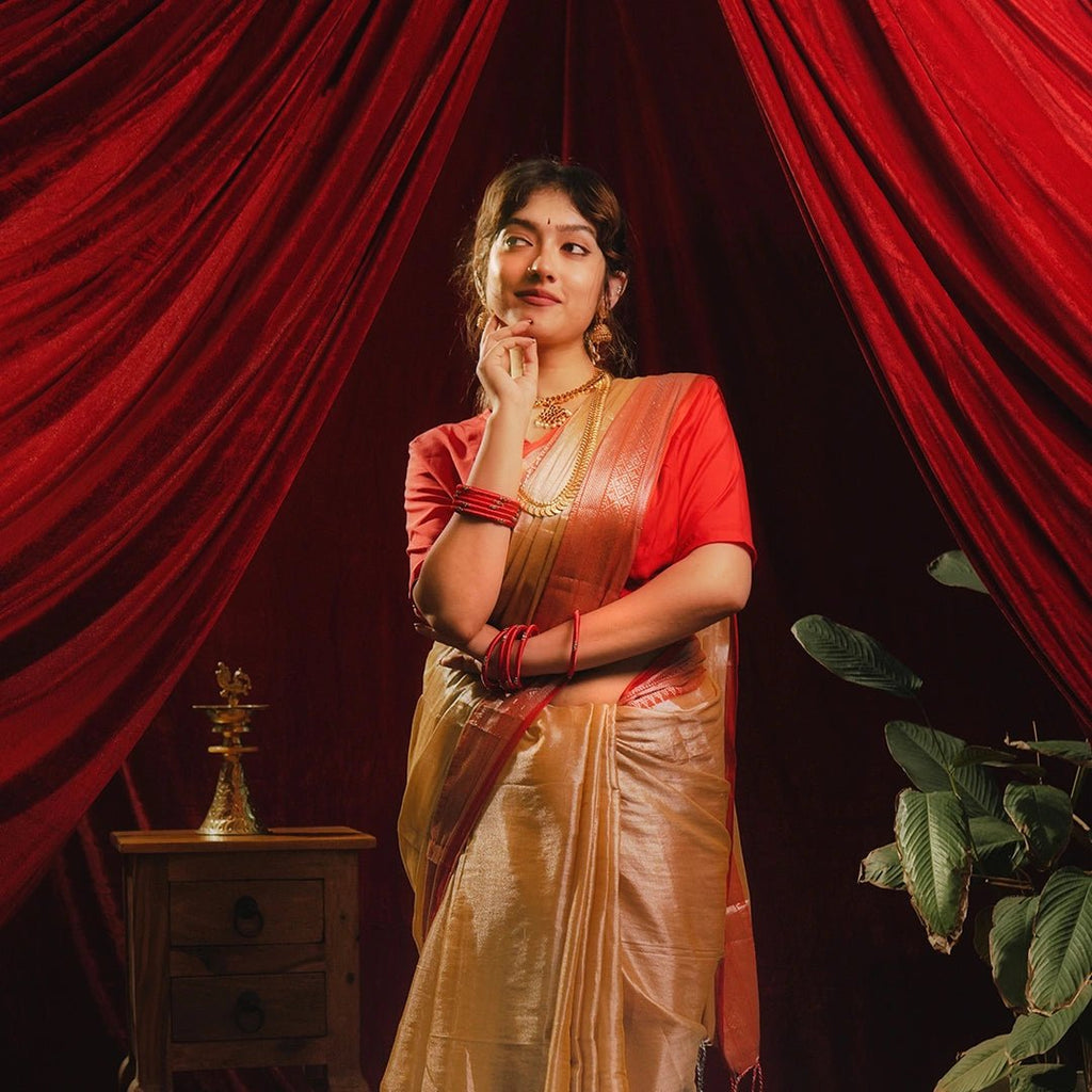 Golden Red Accent Handloom Saree | Traditional Wedding Ethnic Wear - Kottanz Loom CoSareeKottanz Loom Co