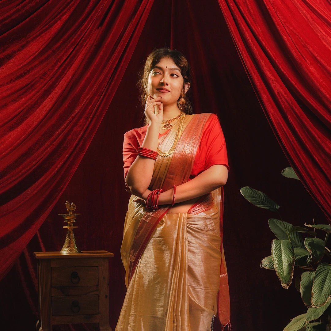 Golden Red Accent Handloom Saree | Traditional Wedding Ethnic Wear - Kottanz Loom CoSareeKottanz Loom Co