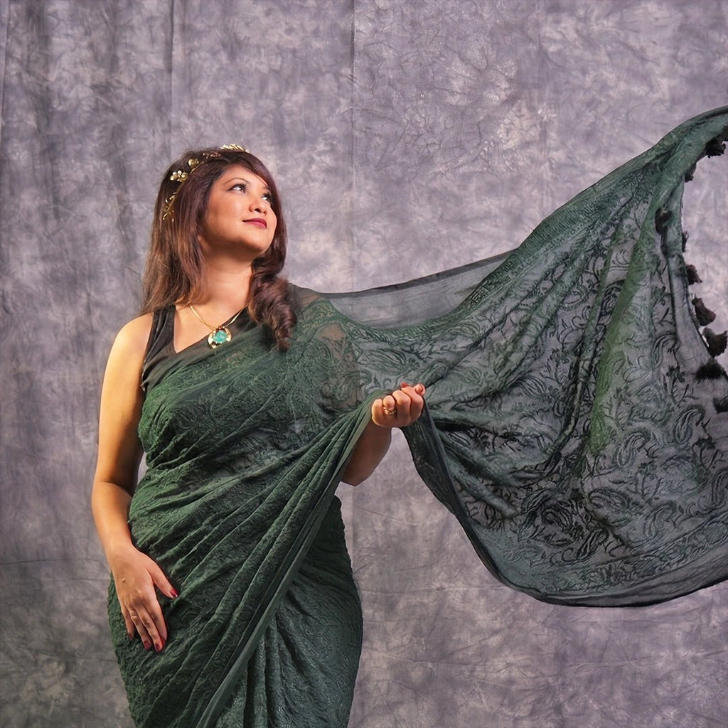 Green Chikankari Saree | Handcrafted Lucknowi Embroidery Saree - Kottanz Loom CoSareeKottanz Loom Co