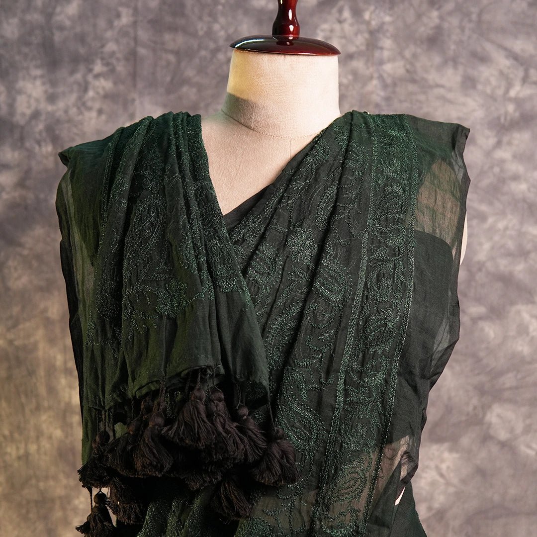 Green Chikankari Saree | Handcrafted Lucknowi Embroidery Saree - Kottanz Loom CoSareeKottanz Loom Co