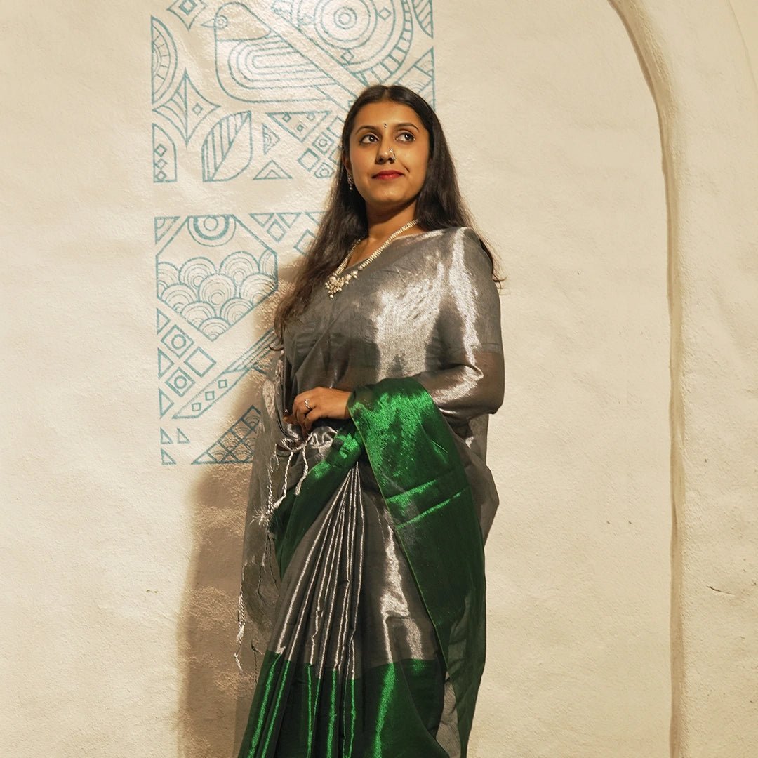 Green Turnaround Tissue Saree | Dual-Tone Silver Party Wear Saree - Kottanz Loom CoSareeKottanz Loom Co