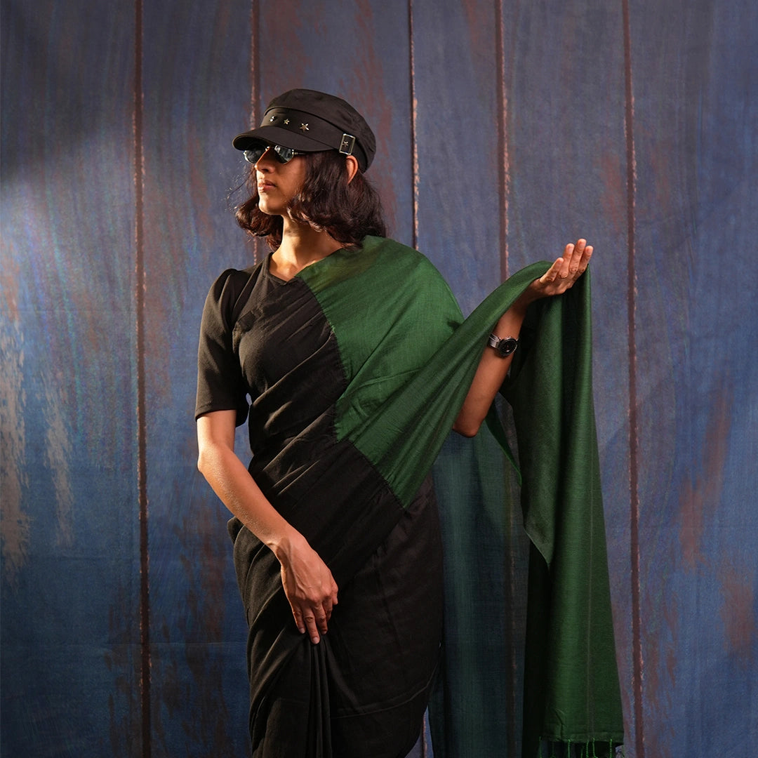 Black & Green Contrast Handcrafted Saree with Tassel Pallu