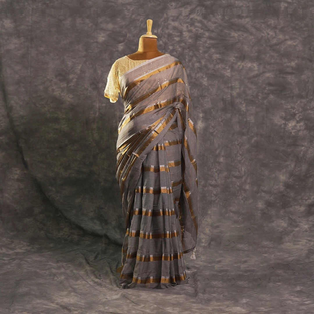 Grey Gold Stripe Saree | Handcrafted Artisanal Saree - Kottanz Loom CoSareeKottanz Loom Co