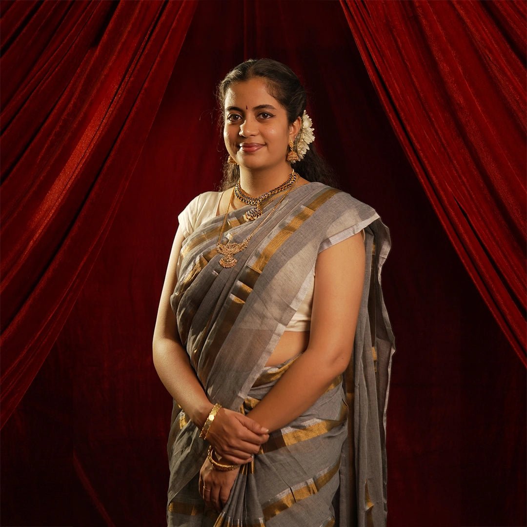 Grey Gold Stripe Saree | Handcrafted Artisanal Saree - Kottanz Loom CoSareeKottanz Loom Co