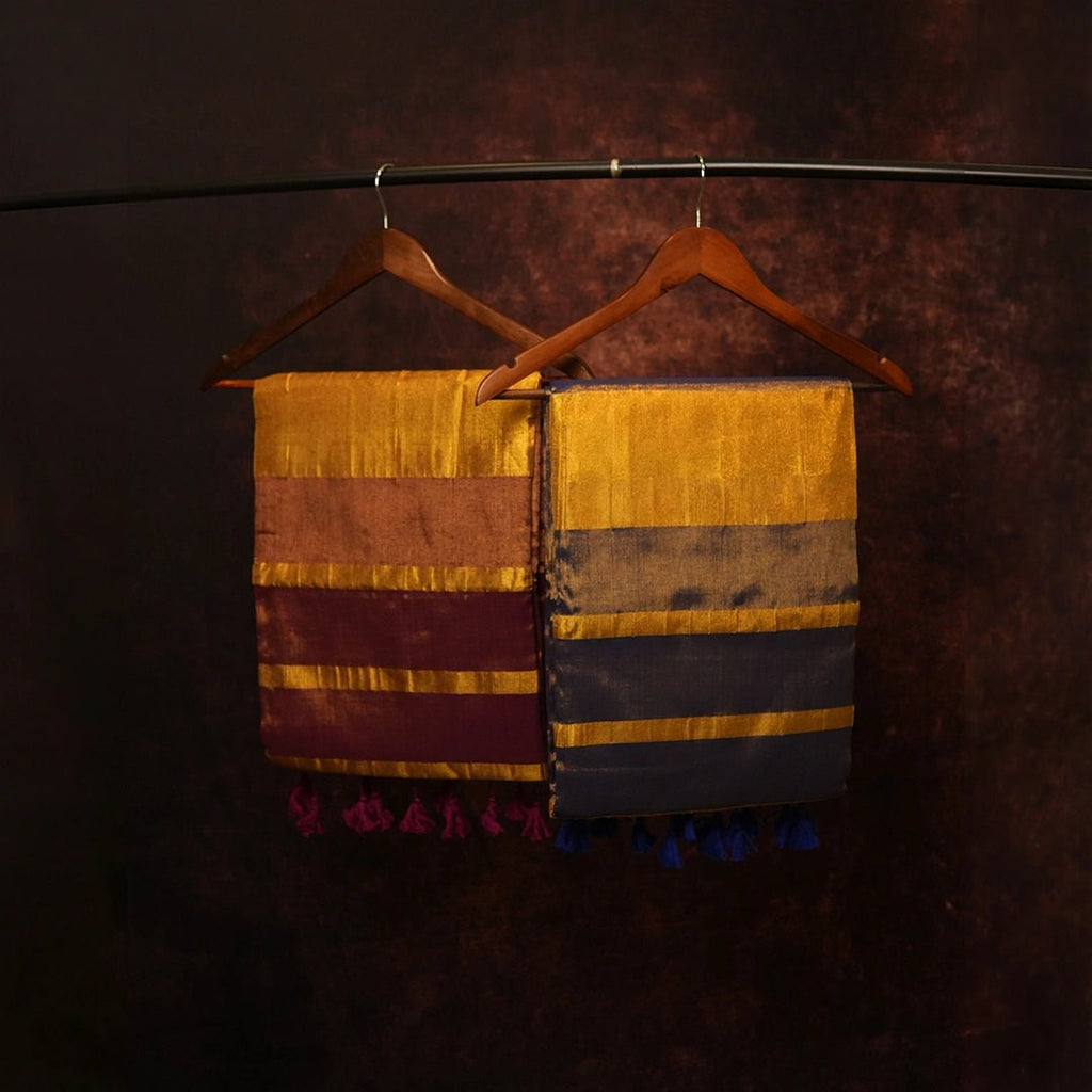 Handloom Color Block Saree Pair with Golden Stripes - Set of 2 - Kottanz Loom CoSareeKottanz Loom Co