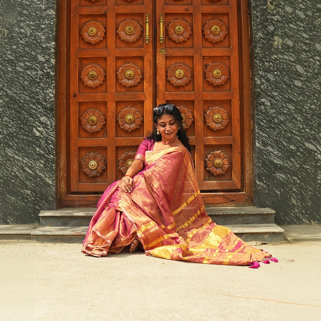 Handloom Color Block Saree Pair with Golden Stripes - Set of 2 - Kottanz Loom CoSareeKottanz Loom Co