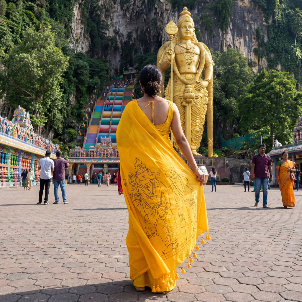 Thai Poosam Yellow Saree | Handcrafted Murugan Print Cotton