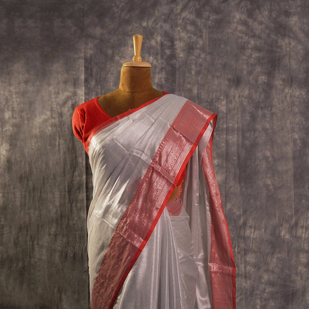Silver Red Accent Handloom Saree | Traditional Festive Ethnic Wear