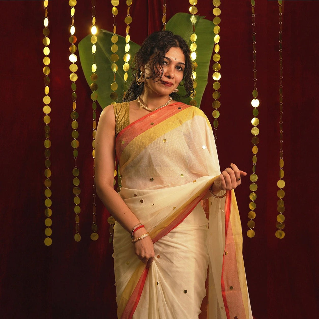 Ivory Coral Chumki Saree – Handloom Cotton Silk Saree - Kottanz Loom CoSareeKottanz Loom Co