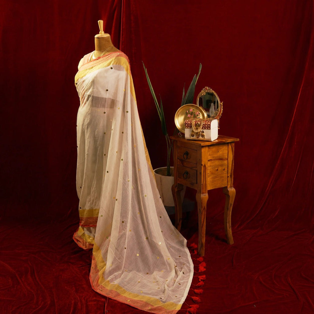Ivory Coral Chumki Saree – Handloom Cotton Silk Saree - Kottanz Loom CoSareeKottanz Loom Co