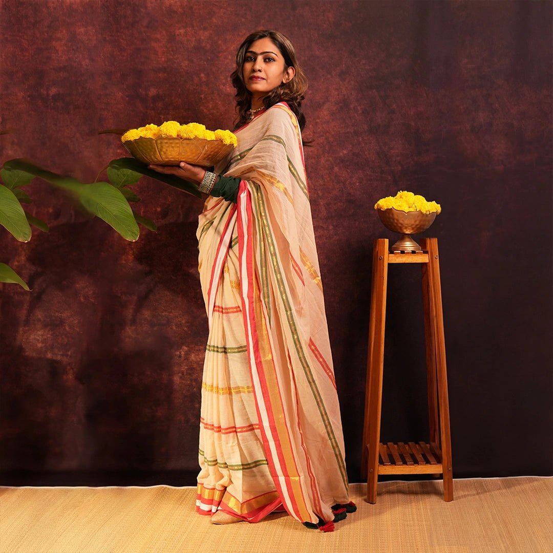 Ivory Mul Cotton Saree | Handloom Striped Saree with Tassel Detail - Kottanz Loom CoSareeKottanz Loom Co