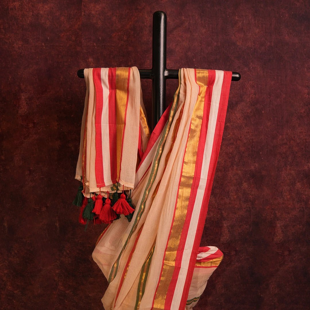 Ivory Mul Cotton Saree | Handloom Striped Saree with Tassel Detail - Kottanz Loom CoSareeKottanz Loom Co