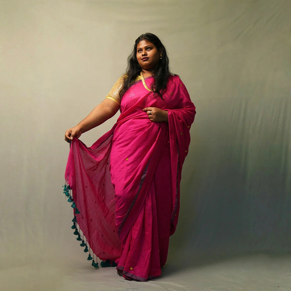 Magenta Gini Khadi Saree – Handwoven Cotton Saree with Sequin Work