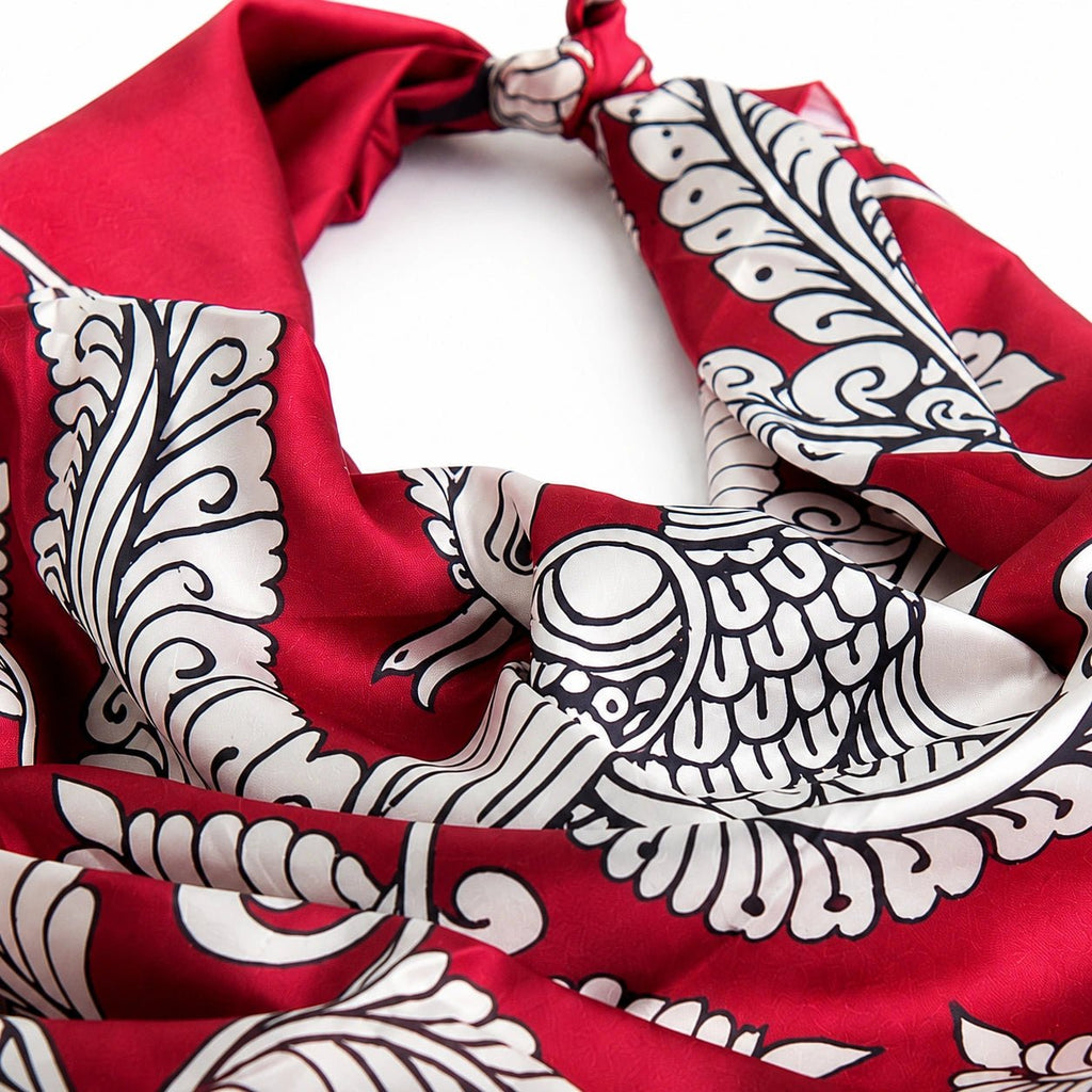 Kalamkari Peacock Silk Scarf – Red Satin Square Scarf - Kottanz Loom CoSareeKottanz Loom Co