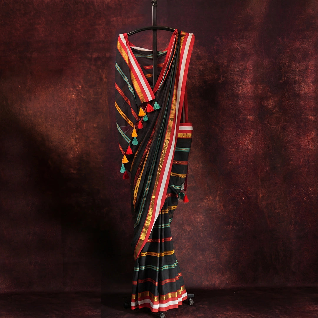 Black Striped Saree | Handcrafted Cotton Saree with Colorful Border