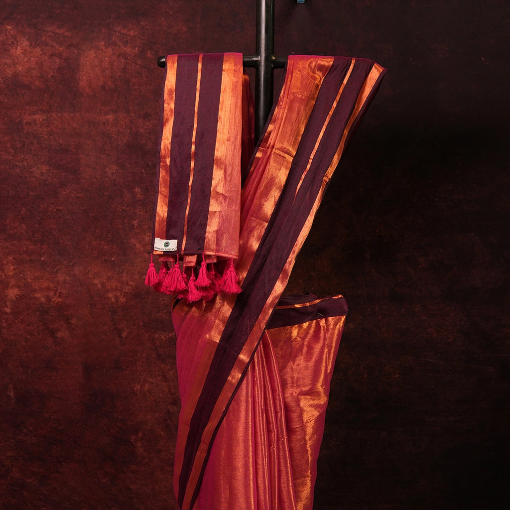 Pink Tissue Silk Saree | Handloom Festive Saree with Golden Border