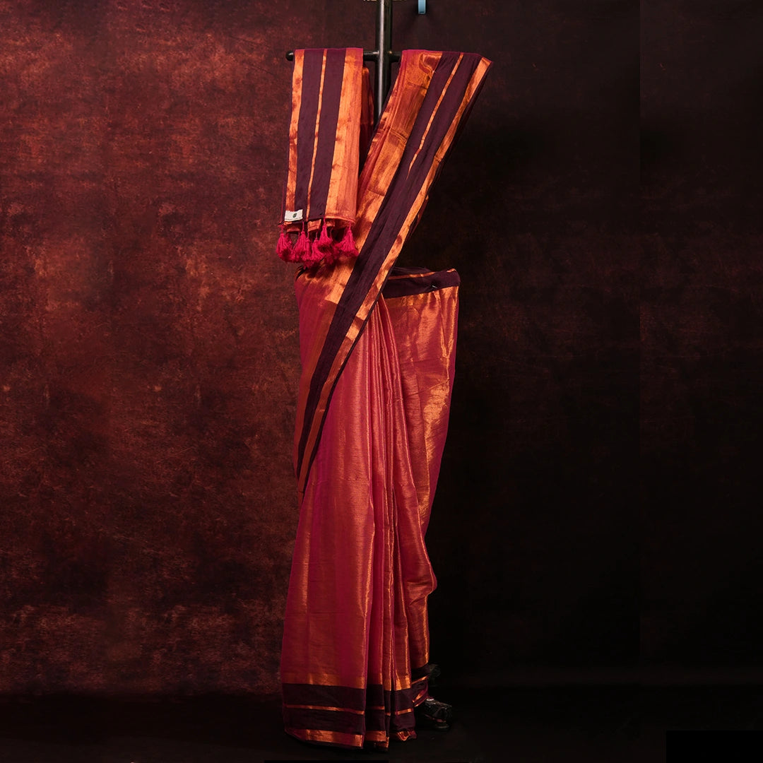 Pink Tissue Silk Saree | Handloom Festive Saree with Golden Border