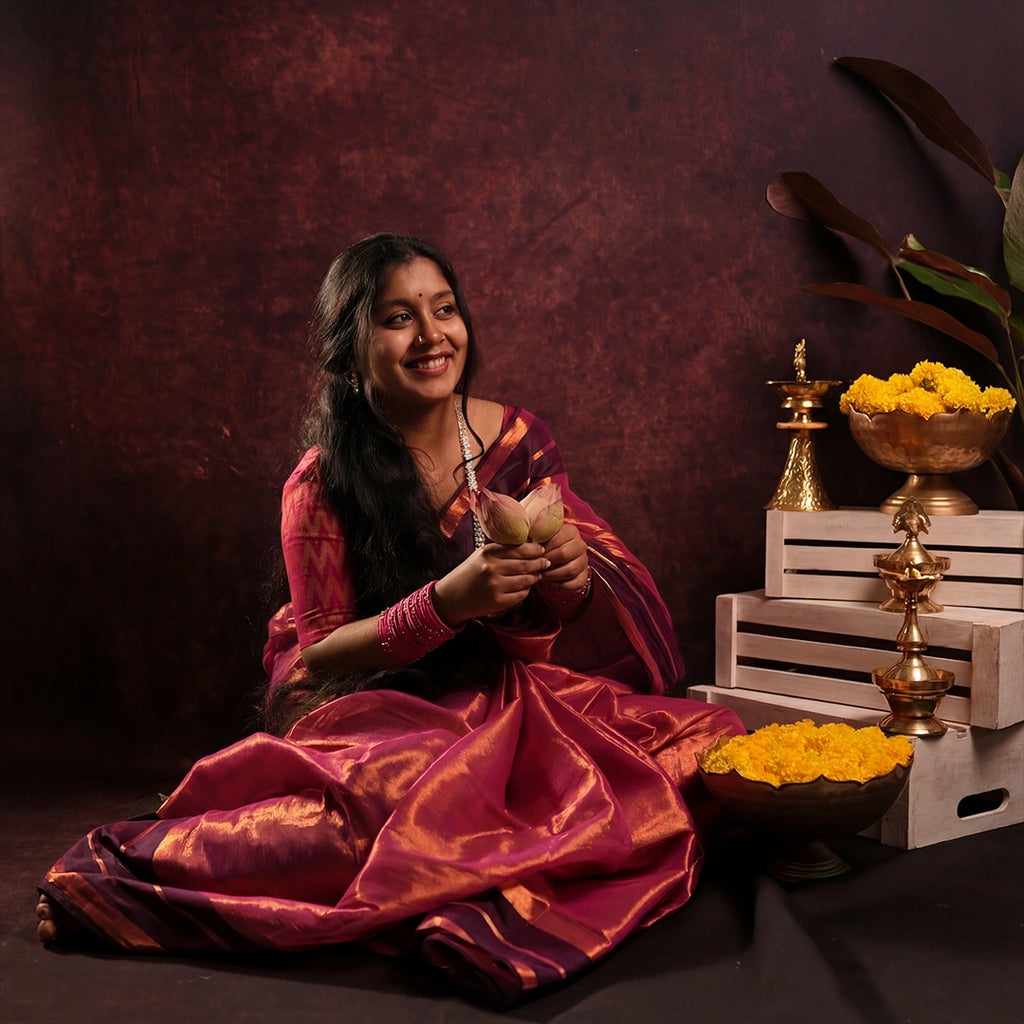 Pink Tissue Silk Saree | Handloom Festive Saree with Golden Border