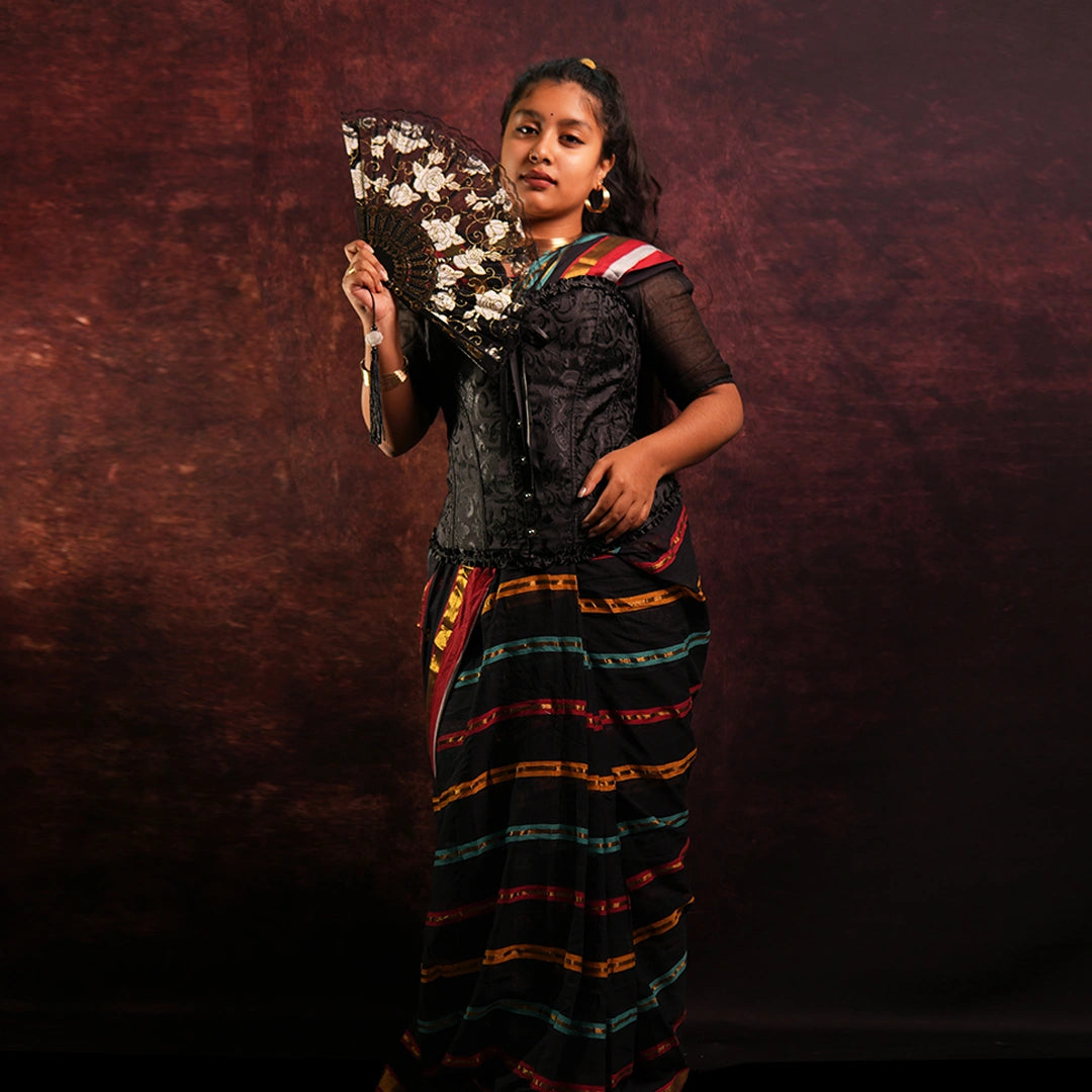 Black Striped Saree | Handcrafted Cotton Saree with Colorful Border