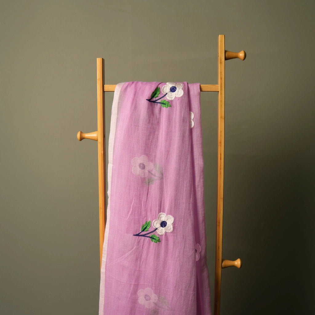 Lavender Flower Embroidery Saree Side Drape – Cocktail Main Character Pastel Festive Cotton Saree – Kottanz Loom Co