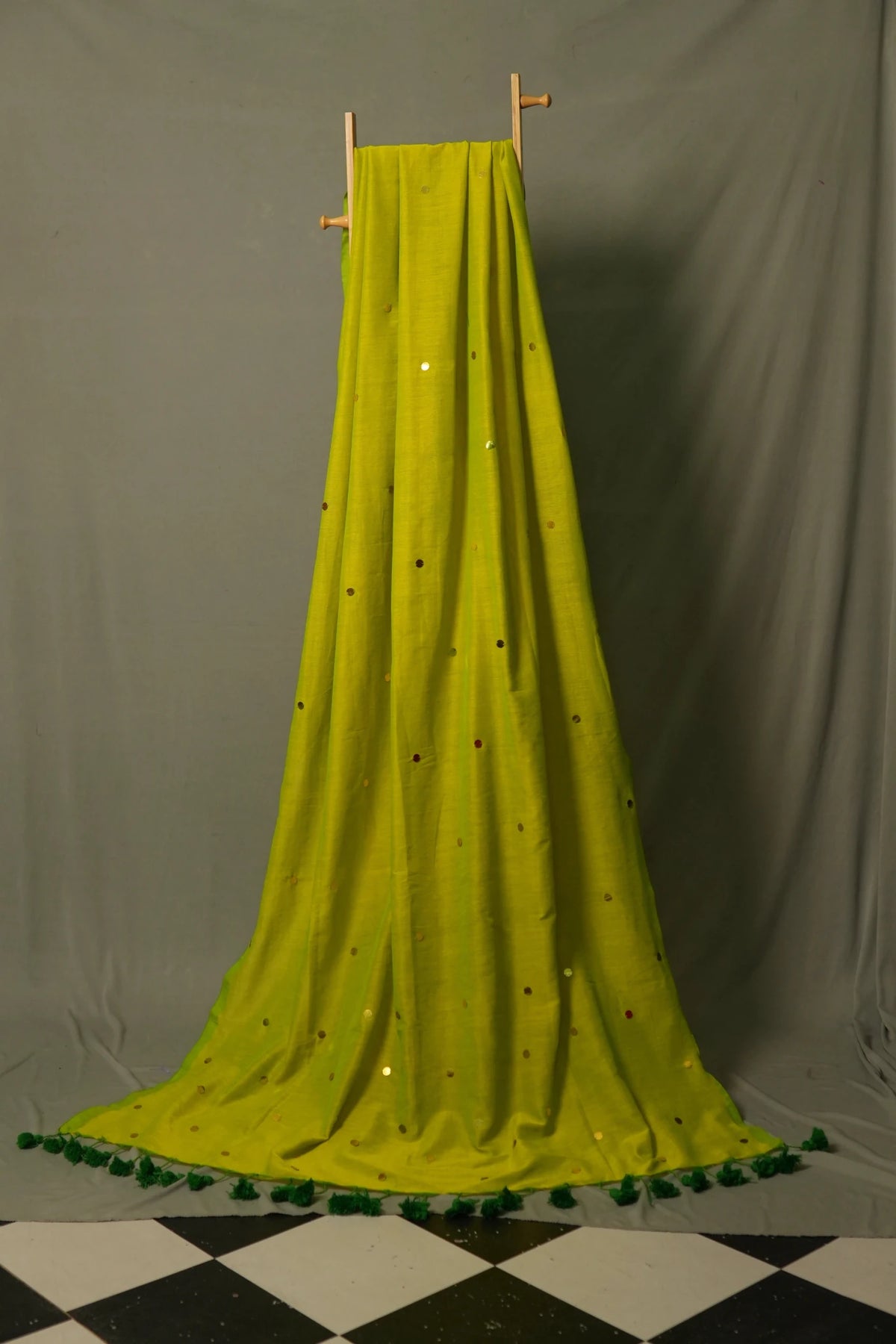 Light Green Gini Khadi Saree – Handwoven Cotton Saree with Sequins - Kottanz Loom CoSareeKottanzloom
