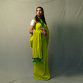 Woman wearing light green gini khadi saree with golden sequins – handwoven cotton statement saree by Kottanz Loom Co