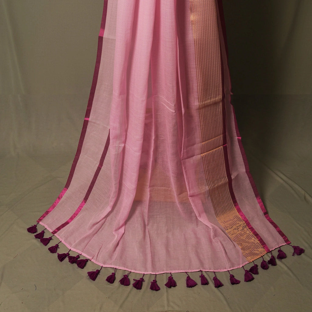Light Pink Mul Cotton Saree Border & Tassel Detail – Sequin Festive Statement Saree – Kottanz Loom Co