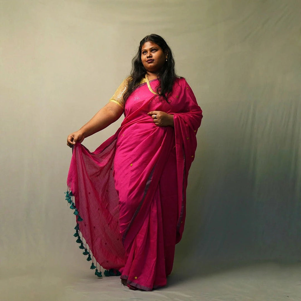 Magenta Gini Khadi Saree – Handwoven Cotton Saree with Sequin Work - Kottanz Loom CoSareeKottanzloom