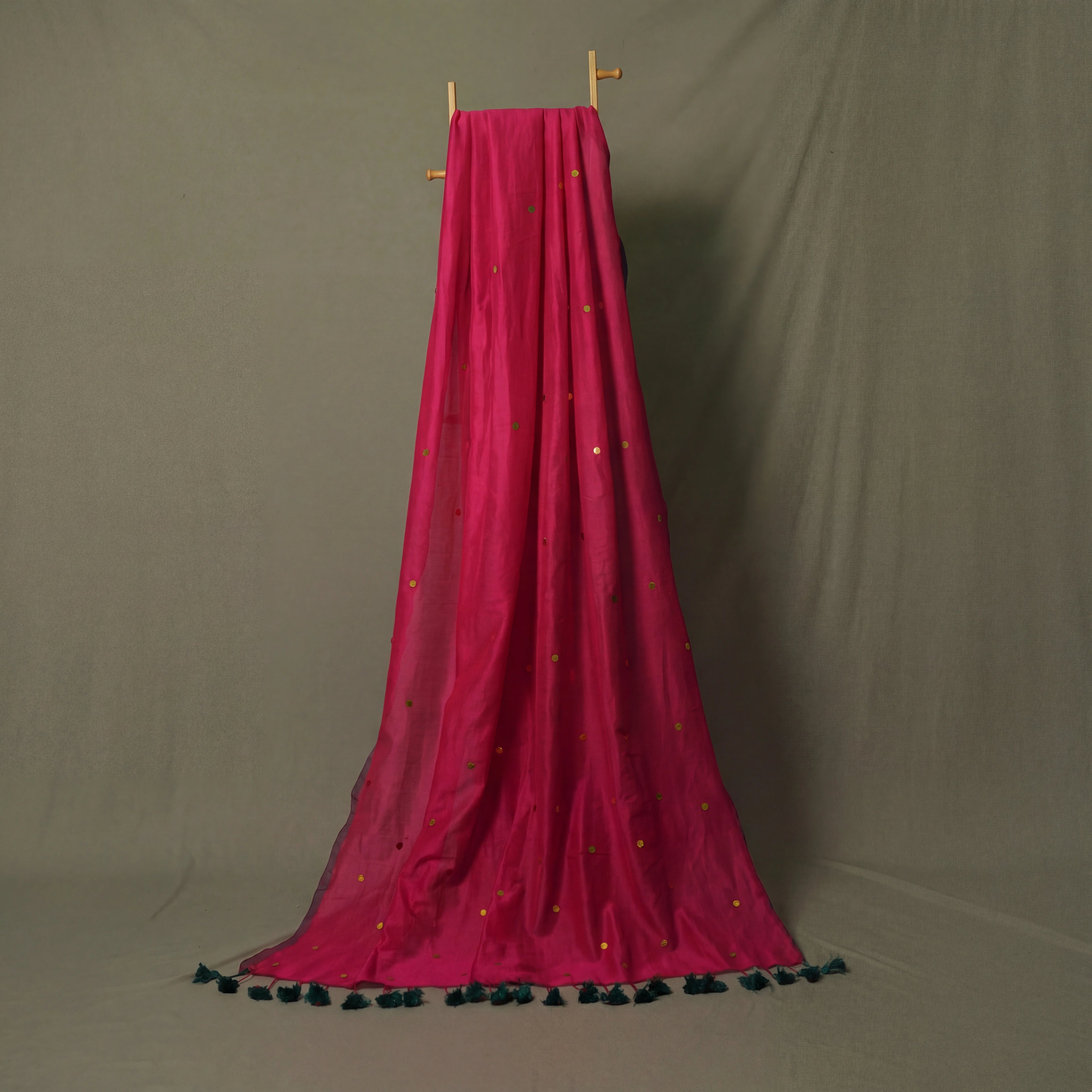 Side drape view of magenta gini khadi saree with sequin work – handwoven cocktail saree for wedding guests and festive occasions by Kottanz Loom Co