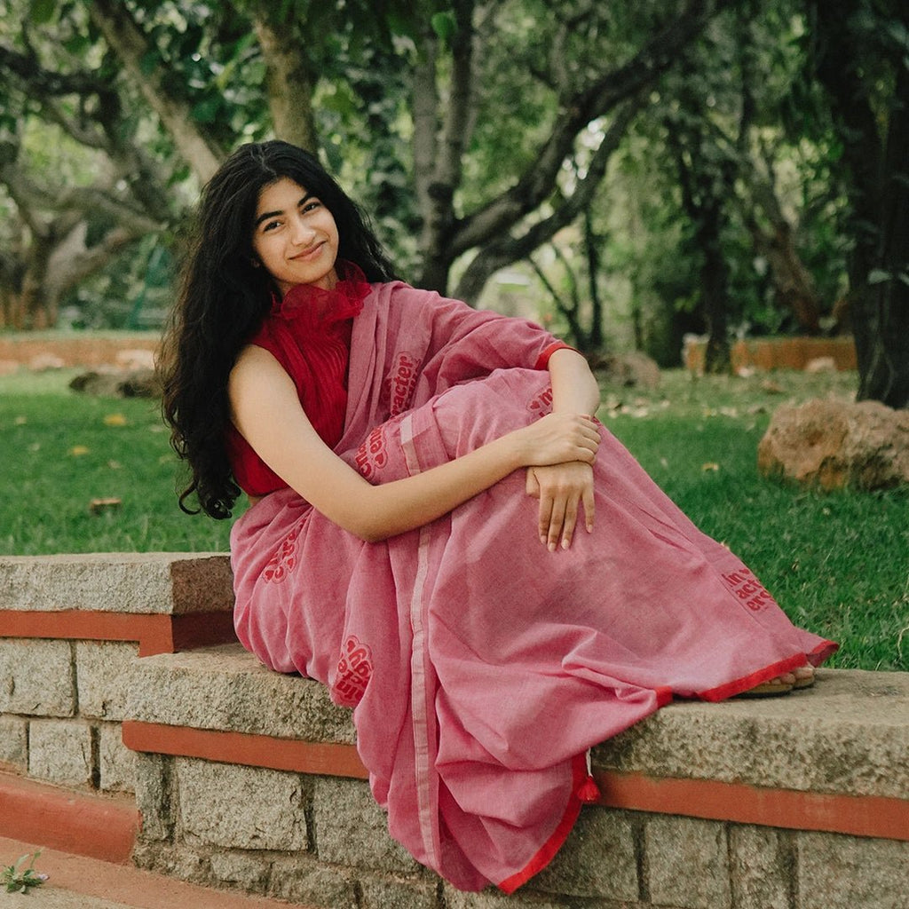 Main Character Energy Printed Pink Handcrafted Tassel Saree - Kottanz Loom CoSareeKottanz Loom Co