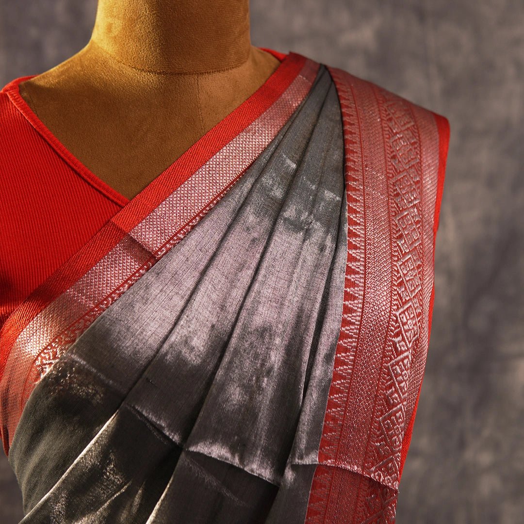 Metallic Grey Saree with Red Zari Border | Contemporary Silk Saree - Kottanz Loom CoSareeKottanz Loom Co