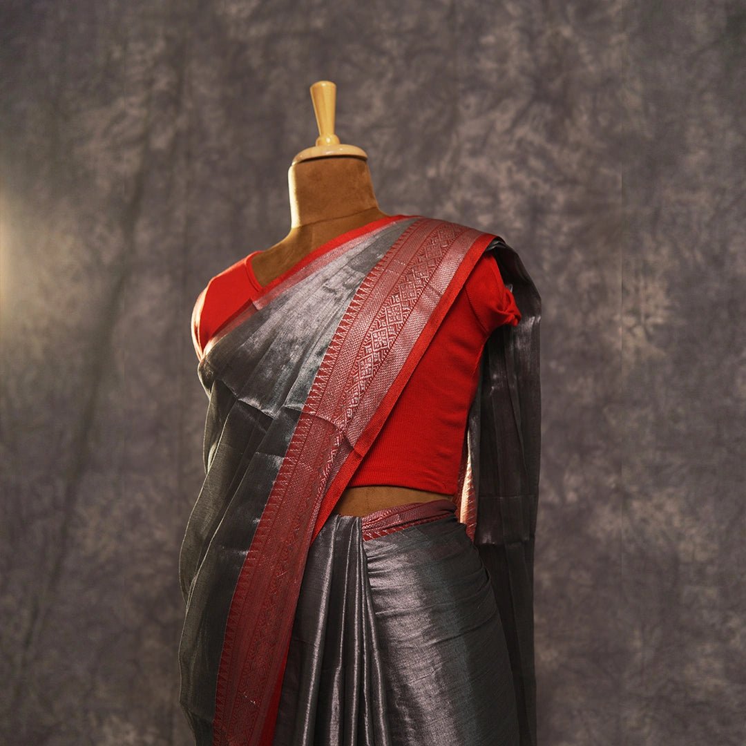 Metallic Grey Saree with Red Zari Border | Contemporary Silk Saree - Kottanz Loom CoSareeKottanz Loom Co