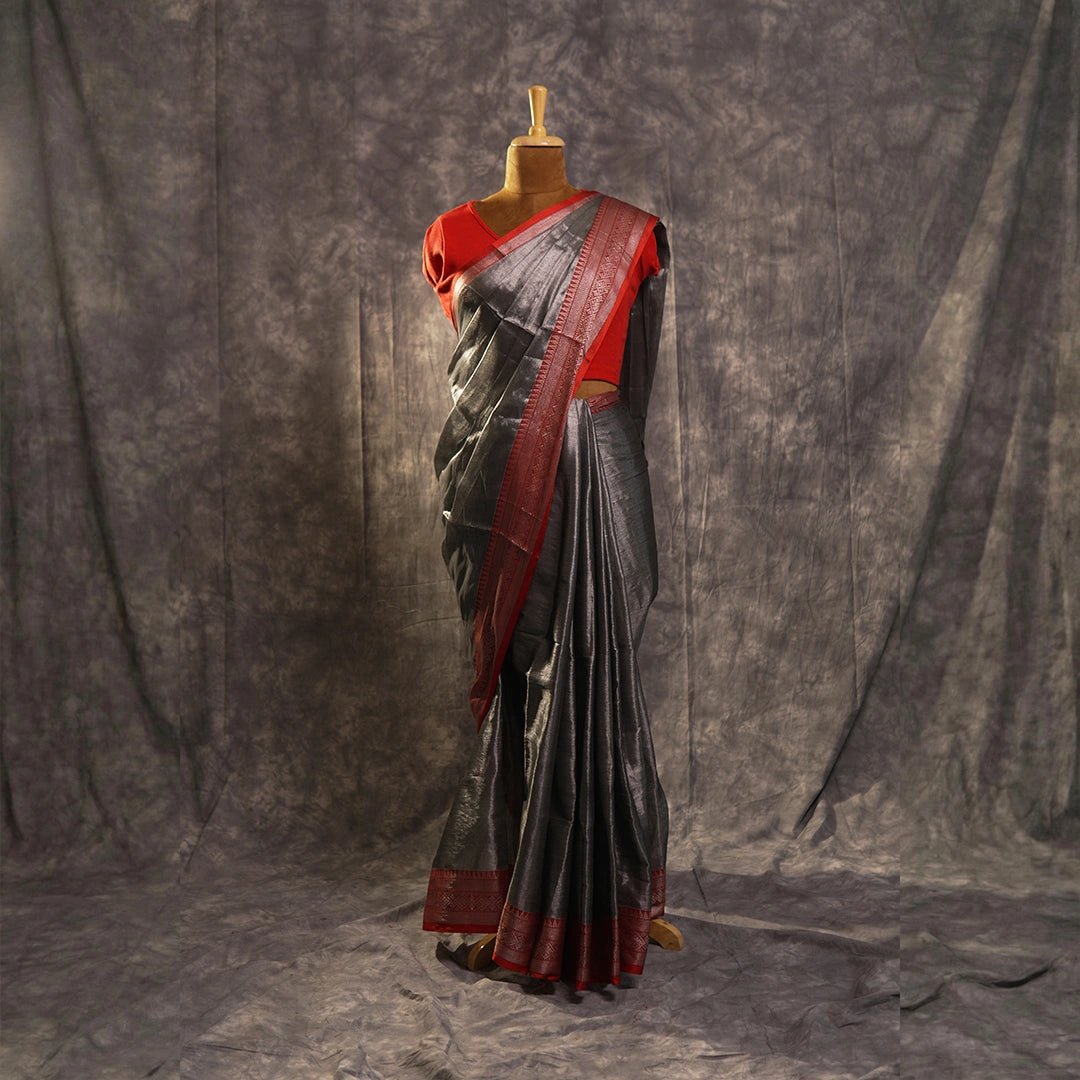 Metallic Grey Saree with Red Zari Border | Contemporary Silk Saree - Kottanz Loom CoSareeKottanz Loom Co