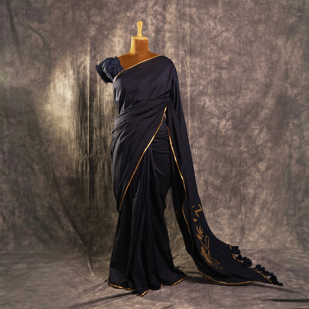Navy khadi cocktail saree ruffle shoulder detail