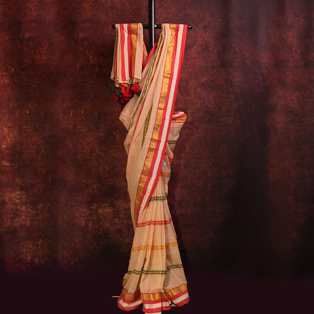 Ivory Mul Cotton Saree | Handloom Striped Saree with Tassel Detail