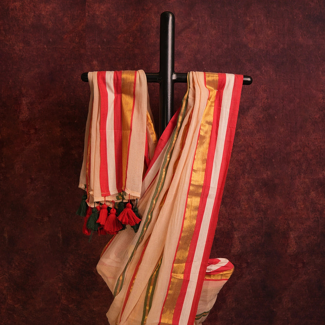 Ivory Mul Cotton Saree | Handloom Striped Saree with Tassel Detail