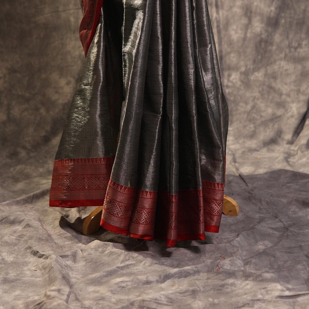 Metallic Grey Saree with Red Zari Border | Contemporary Silk Saree