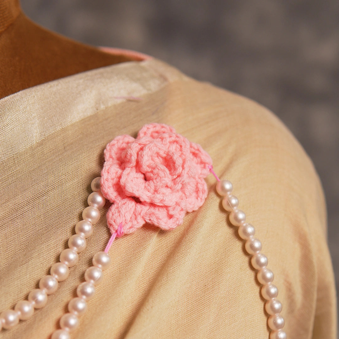 Beige Saree with Crochet Flowers &amp; Pearls | Handcrafted Bridal Saree
