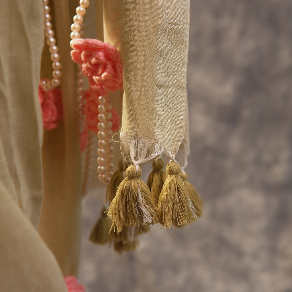 Beige Saree with Crochet Flowers &amp; Pearls | Handcrafted Bridal Saree